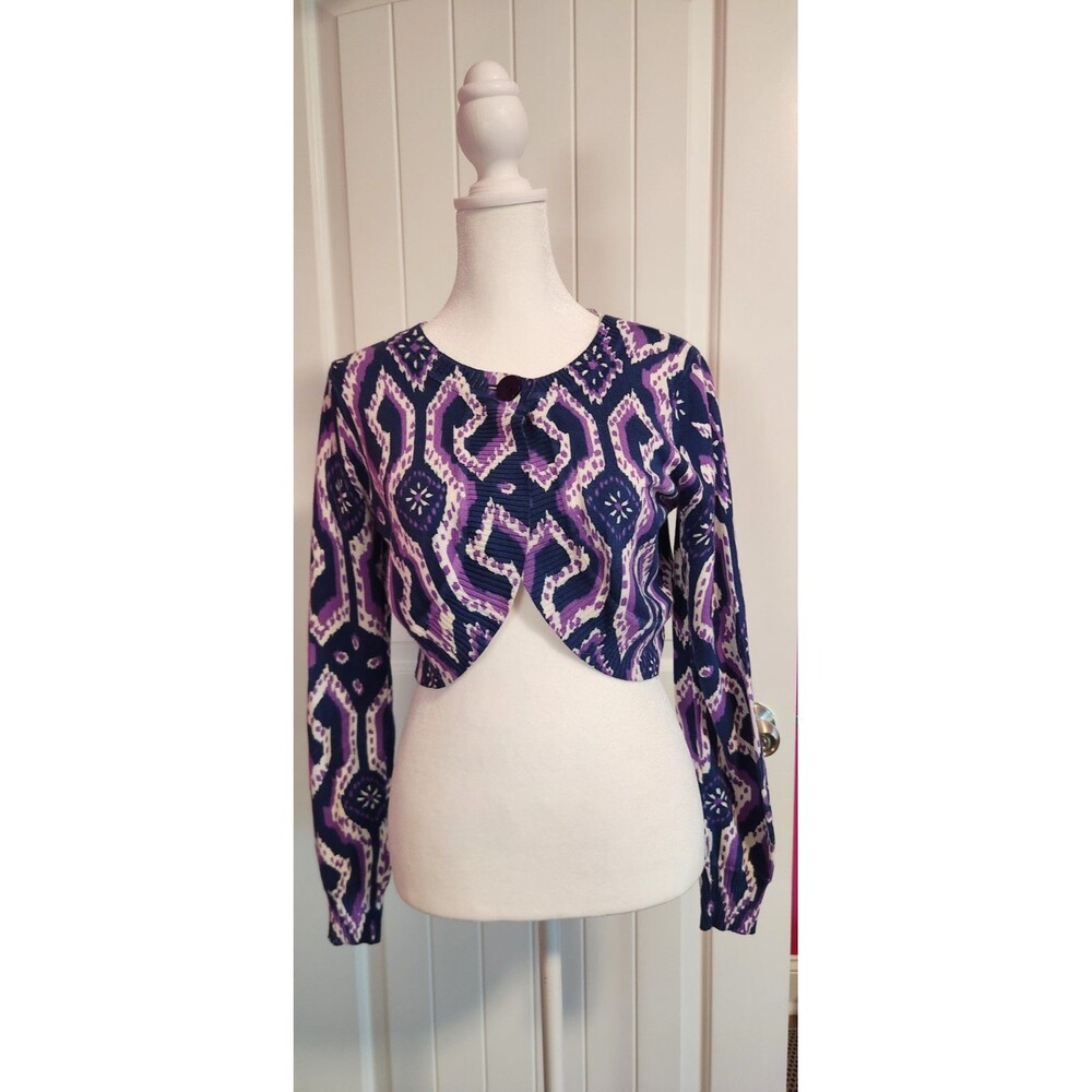 Nine West Boho Cropped Cardigan Sweater Shrug Womens S Navy Pink Cotton Blend